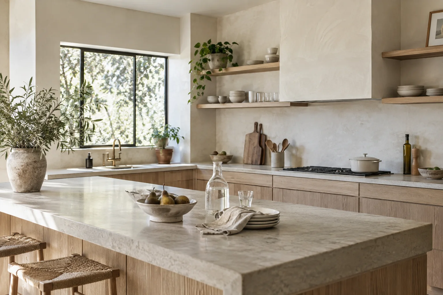 Bright home kitchen with pale wood, ceramics and linen