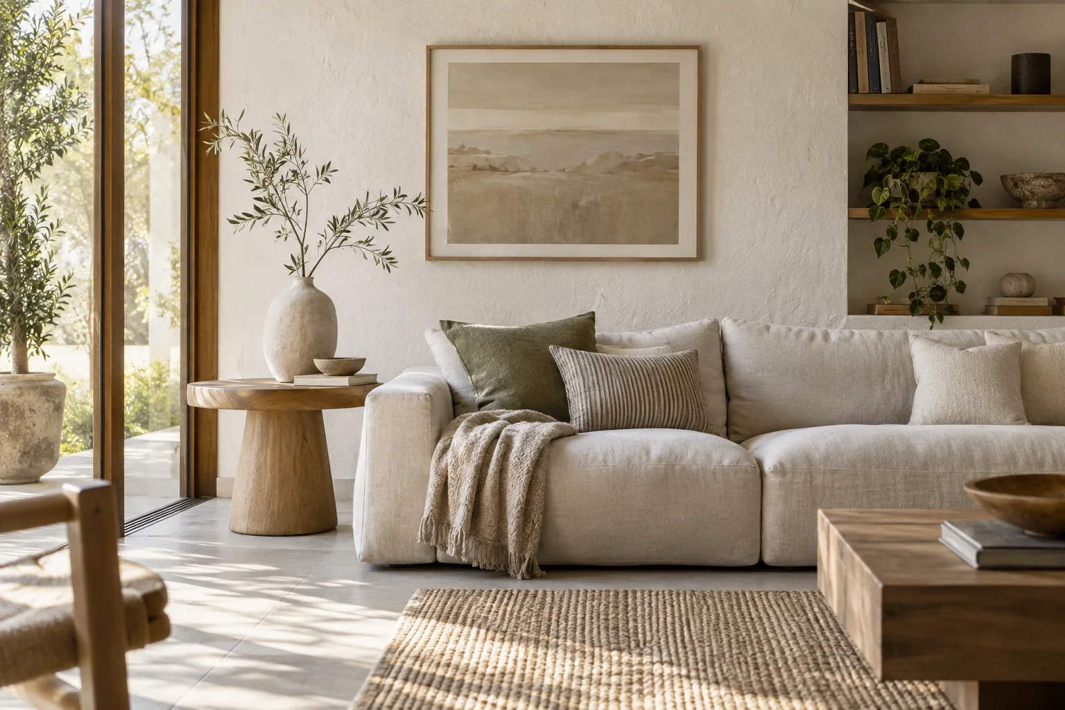 Light-filled living room with a linen sofa and decorative ceramics