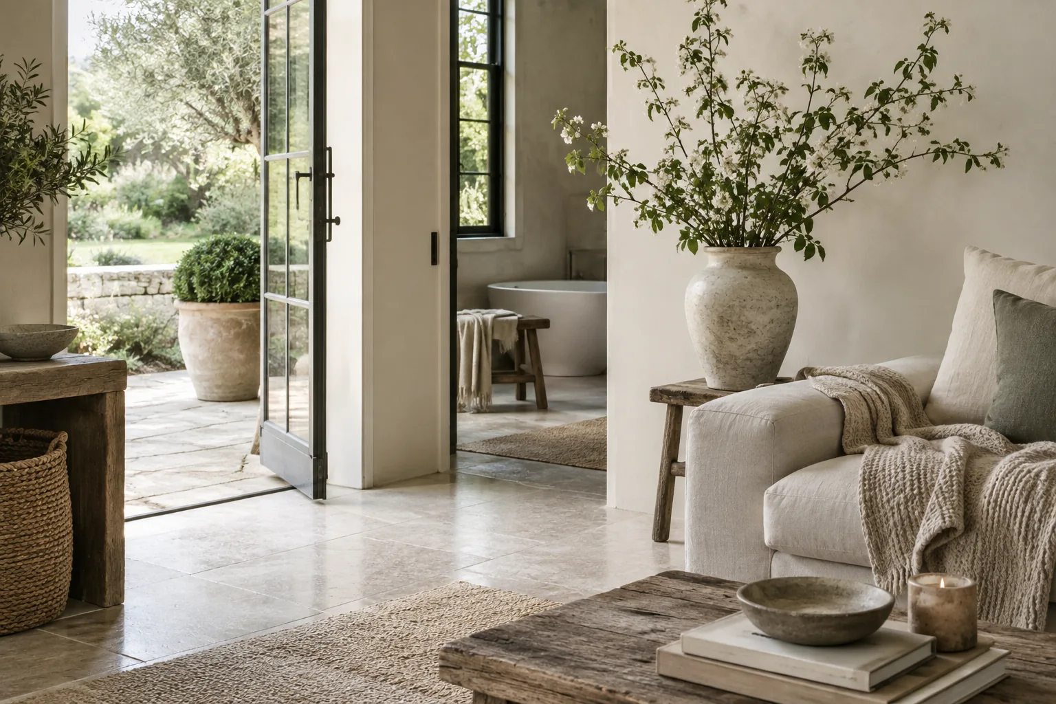 Calm home corner with an open garden door, ceramics and soft textiles