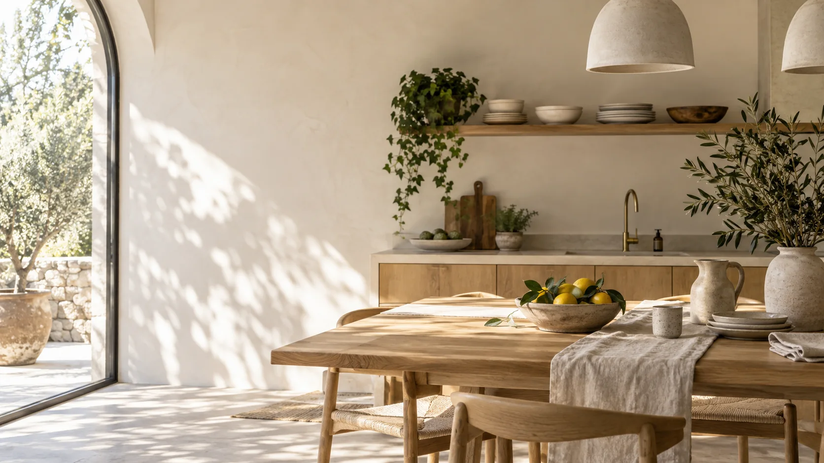Sunlit kitchen with a wooden dining table, ceramics and linen